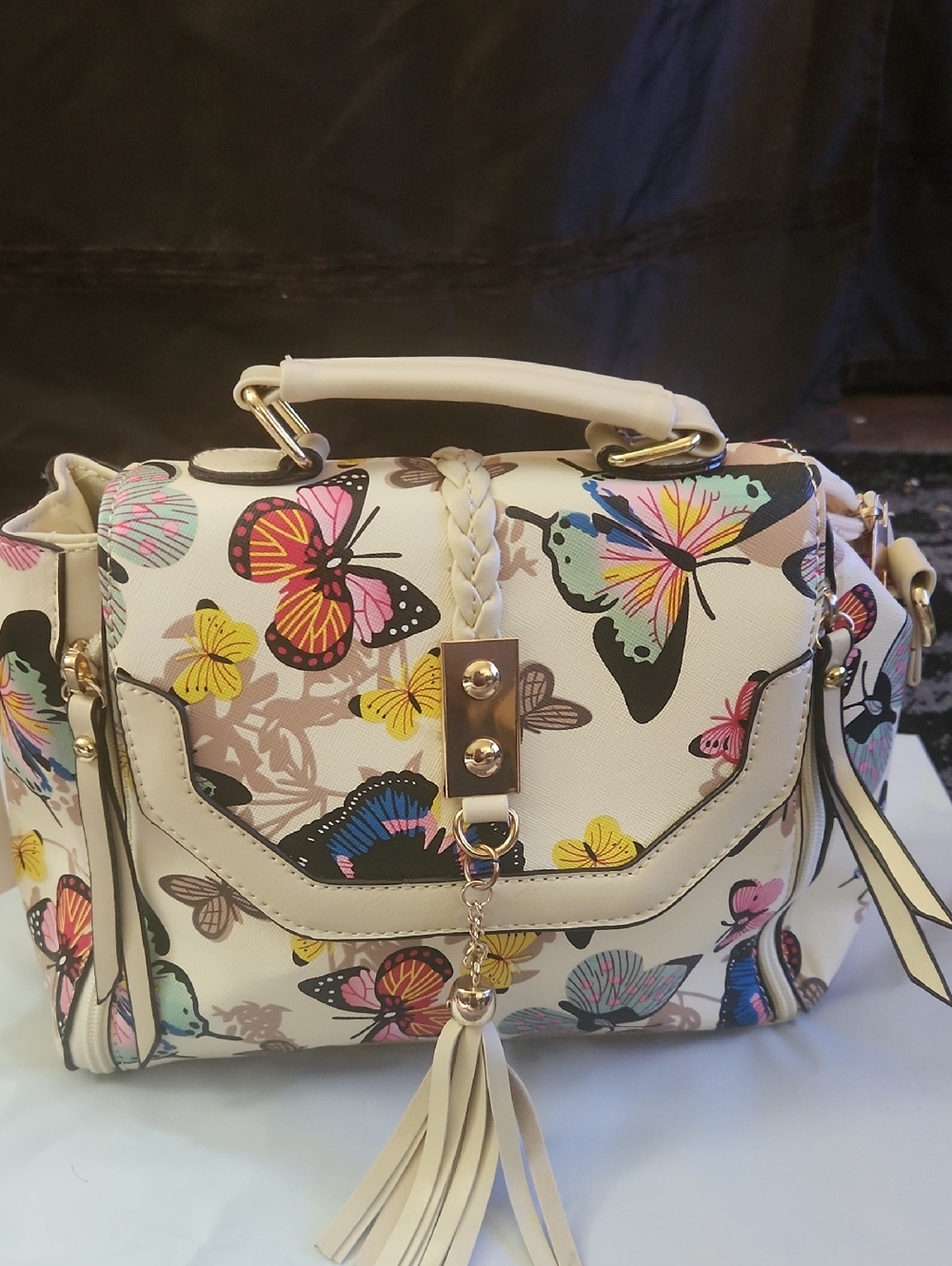 Hand Or Shoulder Cream Butterfly Print Satchel with Tassel Accent